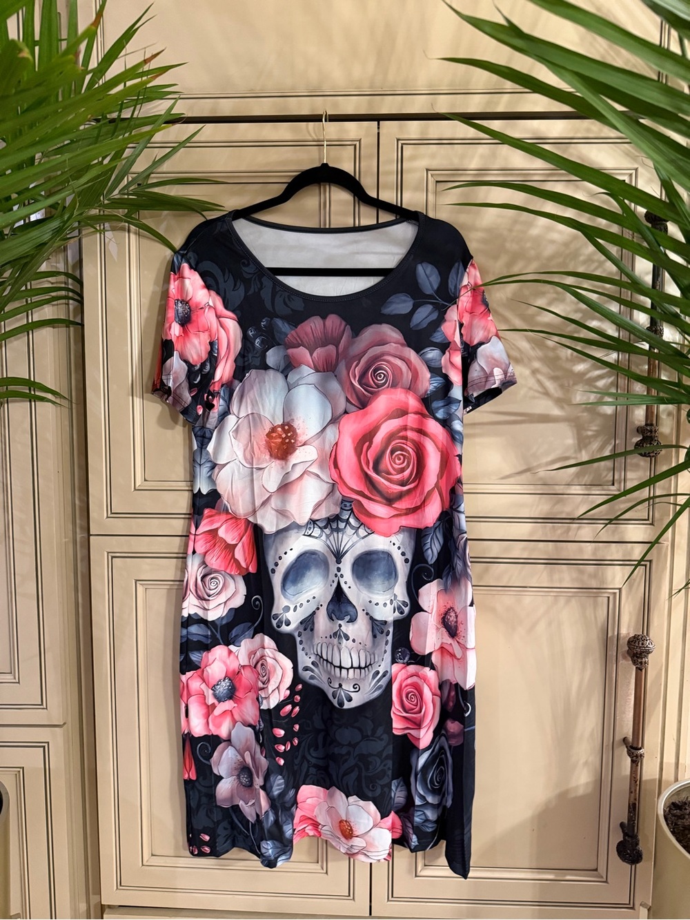 New Floral Goth Tattoo Sugar Skull Graphic Short Sleeve Dress Day of the dead XL
